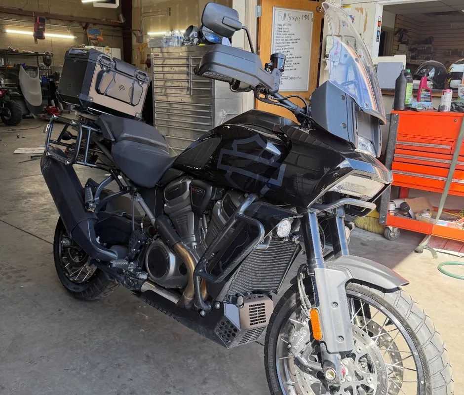 Harley-Davidson adventure motorcycle in the shop for service