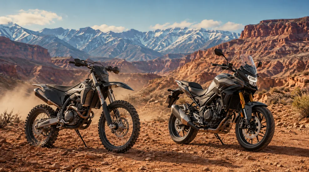 Dirt bike and adventure motorcycle on a desert trail