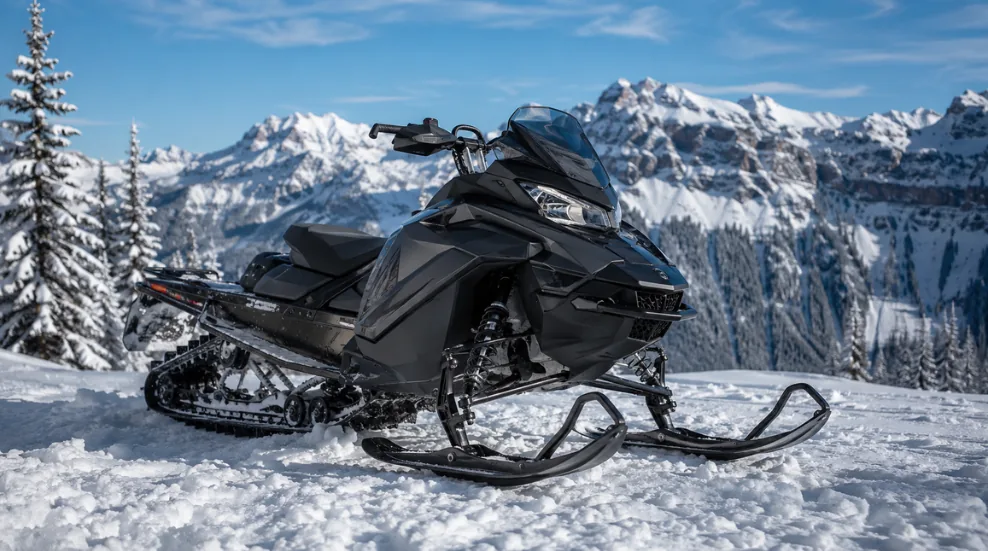 Snowmobile parked in fresh snow in the mountains